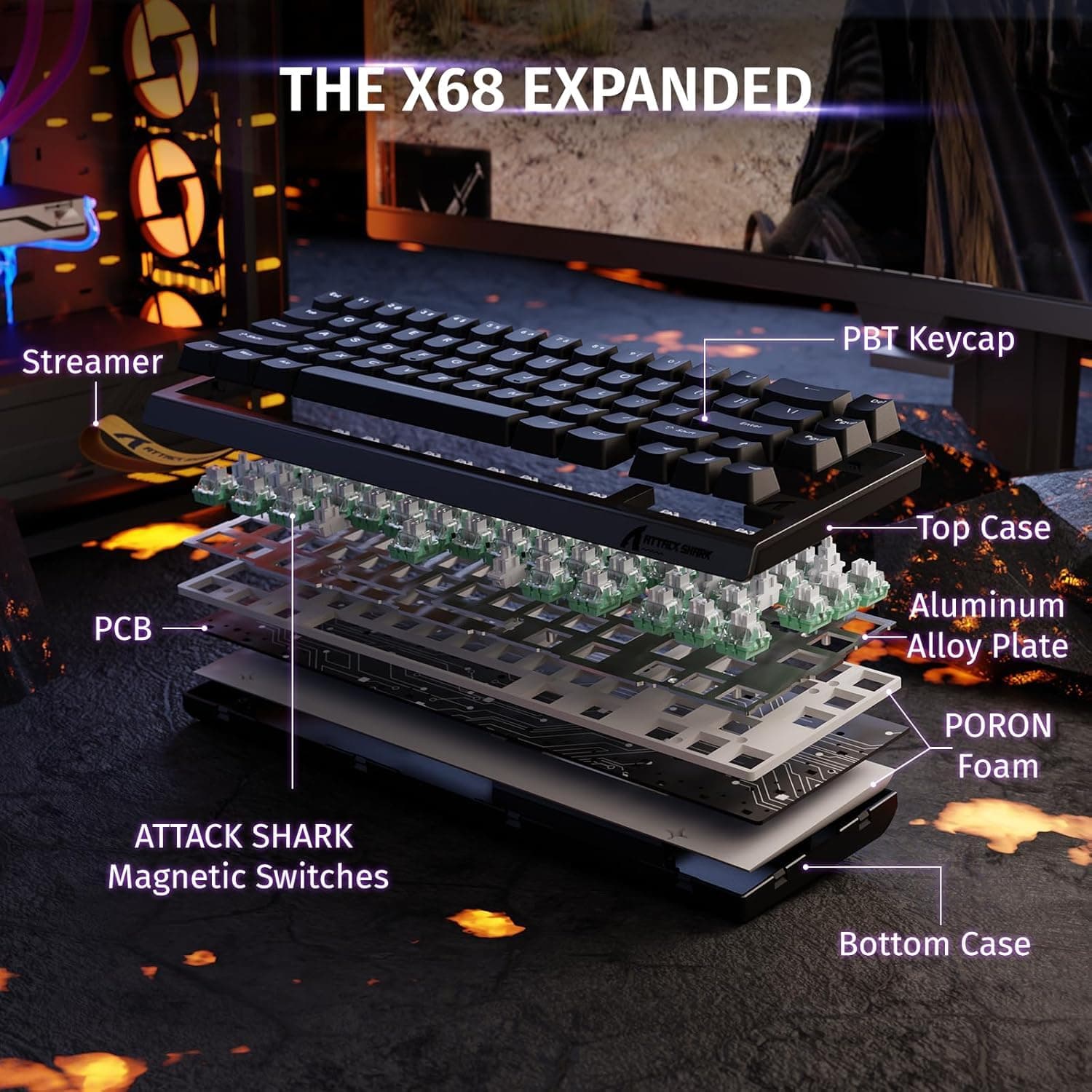 ATTACK SHARK X68 HE Rapid Trigger Mechanical Gaming Keyboard 60% Wired TKL with Adjustable Actuation,Hall Effect Magnetic Switch,8KHz Polling Rate,RGB Backlit,Top Mount for PC Mac Esport Gamer(Black) thumbnail 8
