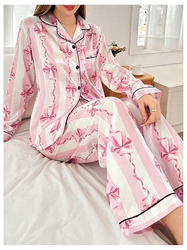WDIRARA Women's 2 Piece Bowknot Print Satin Pajama Set Long Sleeve Button Down Lounge Pants Sleepwear Sets thumbnail 3