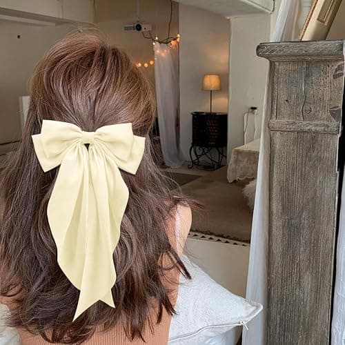Big Beige Silky Satin Hair Bows with Long Tail Ribbon Barrettes for Women and Girls - Cute Coquette Hair Clips thumbnail 3