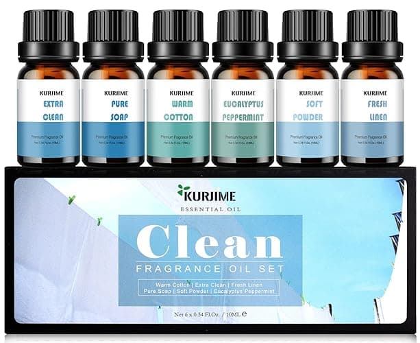 Essential Oils Set, Clean Scents Fragrance Oil Essential Oils for Diffuser Aromatherapy - Fresh Linen, Extra Clean, Warm Cotton, Soft Powder, Pure Soap, Eucalyptus Peppermint, 6x10ml