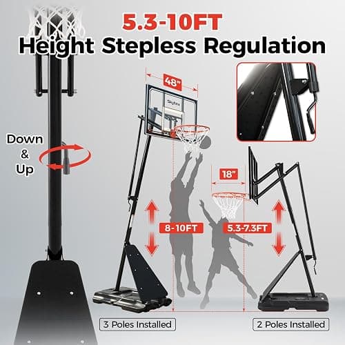 Skytime Basketball Hoop Outdoor,Adjustable Portable Basketbal Goal System with 5.3-10ft Height Stepless Regulation - Black - 44in Backboard Basketball Hoop thumbnail 6