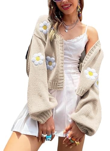 Womens Y2K Cardigan Sweaters Long Sleeve Open Front Cropped Flower Knit Cardigan Aesthetic 90s Shrug Back to College Outfits - Image 1
