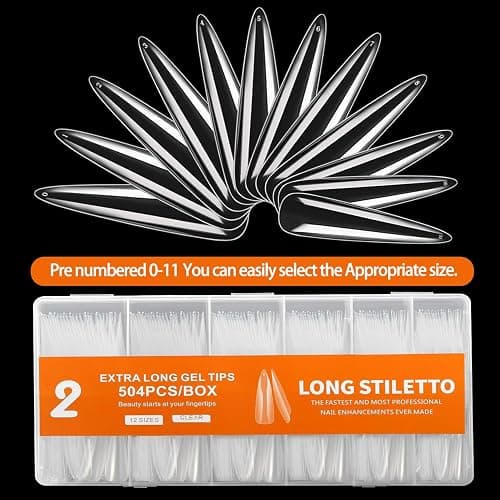 Extra Long Stiletto Nail Tips, 504PCS XXXL Fake Acrylic Nails, Clear Full Cover No C Curve Stiletto Nails Tips for Acrylic Nails Professional, Flattened Press On Nails 12 Sizes thumbnail 5