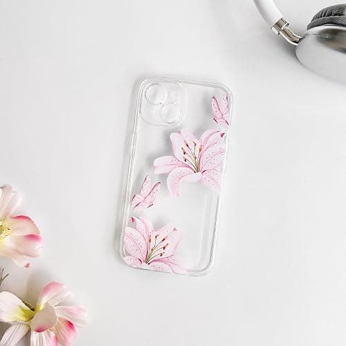 NITITOP Compatible with iPhone 15 Case Clear Cute Butterfly Lily Flower Floral Pattern for Women Girls Full Camera Lens Clear Slim Shockproof Protective Phone Cover - Pink thumbnail 5