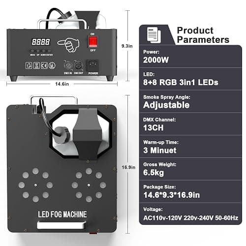 2000W Professional Fog Machine with Lights,Dual Nozzle 8+8 RGB 3W LED Lights Wireless/Manual/DMX Control Adjustable Smoke Direction, 2.5L Tank LCD Display 30000CFM for Halloween Christmas Wedding-1PC thumbnail 8