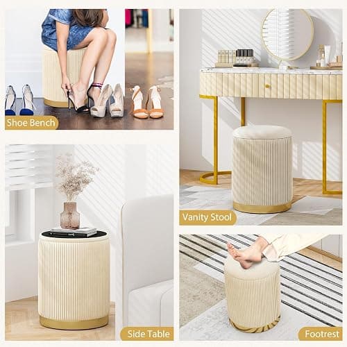 Giantex Ottoman with Storage - Set of 2 Storage Ottomans, 1 Large & 1 Small Nesting Ottoman Side Table, Upholstered Velvet Round Foot Rest Vanity Stool for Bedroom Living Room (Beige & Golden) thumbnail 4