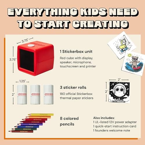 Hapiko Stickerbox AI Voice-Powered Mini Sticker Maker for Kids | Portable thermal inkless printer, 3 paper rolls & 8 colored pencils, Ages 5+, Kid-safe, Screen-free custom plays thumbnail 3