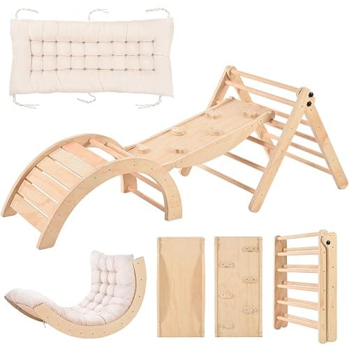 OLLIKIVI Pikler Triangle Set with Cushion, Indoor Climbing Toy Set for Toddlers, Montessori Foldable Indoor Playground, Wodden Jungle Gym with Ramp and Arch Climber for 1-6 Years Old Kids - Image 1