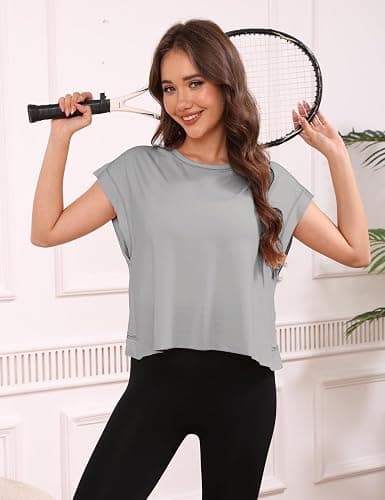Fhniepan Open Back Tops for Women Oversized Short Sleeve Workout T Shirts Backless Y2k Athletic Crop Running Tees thumbnail 8