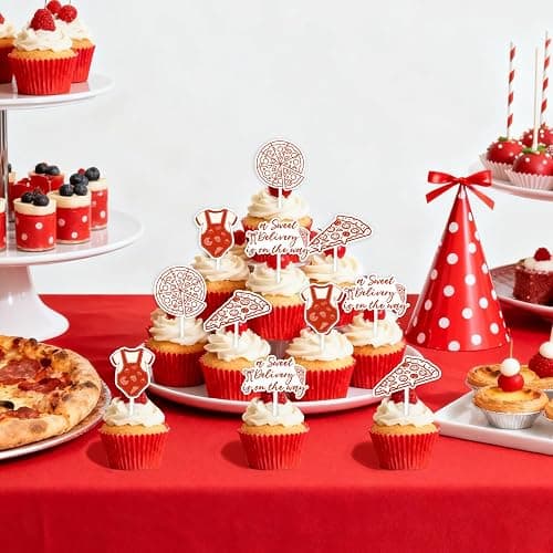 JOYMEMO 24PCS Red Pizza Baby Shower Cupcake Toppers | A Sweet Delivery Is On The Way Cake Decor for Pizza Baby Shower Decorations thumbnail 3