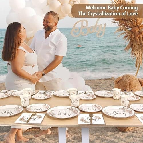Heboland Babyparty Deko Partygeschirr Set, 125 Stück Neutral Hey Baby Party Decoration Teller Becher Servietten für Baby Shower Deko thumbnail 3