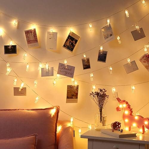 Photo Clip String Lights 17Ft - 50 LED Fairy String Lights with 50 Clear Clips for Hanging Pictures, Christmas Party Birthday Decoration - Perfect Dorm Bedroom Wall Decor Wedding Decorations thumbnail 2