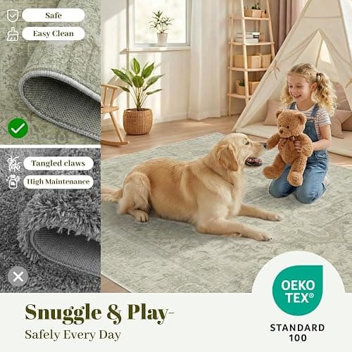 Homemate Washable Rug 8x10 Area Rugs - Vintage Faux Wool Rugs for Living Room Bedroom Dining Room - Non Slip Foldable Carpet Indoor Area Rug for Home Decor（8'x10', Green thumbnail 6