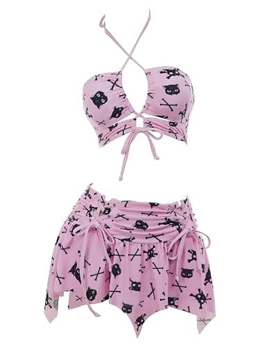 Meowcos Gothic-Bikini-Badeanzug, Gothic-Stil, rosa Totenkopf, Fledermausdruck, dunkler Stil, Gothic-Badeanzug - Image 1