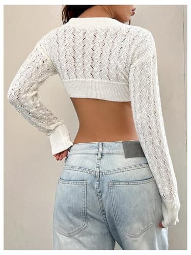GORGLITTER Women's Crop Crochet Cardigan Button Down Long Sleeve Shrug Sweater thumbnail 2