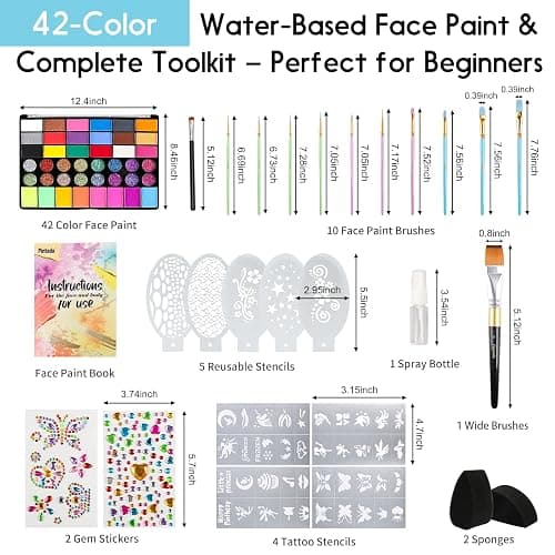 Pintada 42 Color Face Painting Kit for Kids - Non Toxic Water Activated Face Paint Palette With Stencils, Brush, Gems. For Carnival, Halloween, Costume Makeup and Any Creative Activity with Kids thumbnail 2