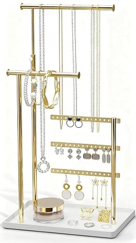 susswiff Jewelry Holder Organizer Stand - Adjustable Tall 17.5" (Max), Gift for Women, Mirrored Gold Jewelry Hanger for Necklaces, Earrings, Bracelets, Rings - Image 1