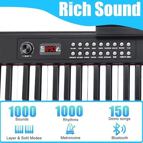 Digital Piano Keyboard for Beginners, Full Size 88 Key Semi Weighted Keyboard Electric Piano with Stand, Built-In Speakers, Electric Piano Keyboard with Sustain Pedal, Bluetooth,USB-MIDI Compatibility - Black thumbnail 3