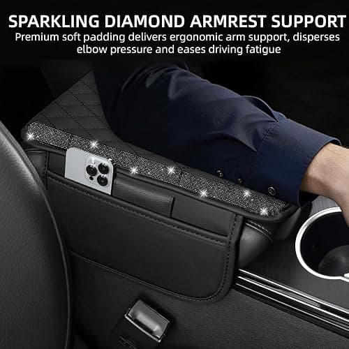 NBTEPEM Bling Car Center Console Cover, Leather Car Arm Rest Cover Cushion with 2 Storage Bags, Universal Automotive Armrest Protector Storage Box, Bling Accessories Interior for Most Vehicles (Black) thumbnail 4