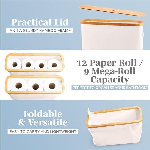 LONBET Toilet Paper Storage for 12 Rolls, Stackable & Foldable - The Ultimate Bathroom Organizer - Waterproof Basket with Bamboo Lid - Elegant Toilet Paper Storage Holder, Beige thumbnail 3
