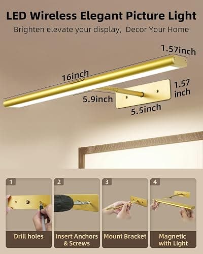 EZVALO Picture Light for Wall, 4800mAh Rechargeable Wireless Remote, 16in Dimmable Magnetic LED Art Display Light with 3 Color Temperatures, for Gallery, Living Room, Bedroom, Hallway (Gold) thumbnail 5