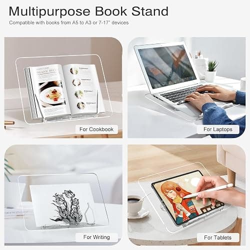 Acrylic Book Stand, Angle Adjustable Book Display Stand,Foldable Cookbook Stand, Lightweight Book Holder for Magazines, Laptop, Recipe, Textbook thumbnail 6