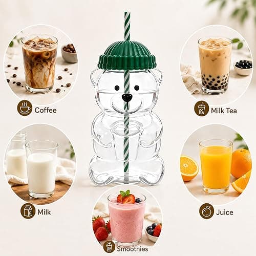 gaulofo 20oz Bear-Shaped Glass Cup, Cute Reusable Glass Tumbler with Lid and Straw for Coffee, Milk Tea, Birthday & Holiday Gift (Green) thumbnail 4