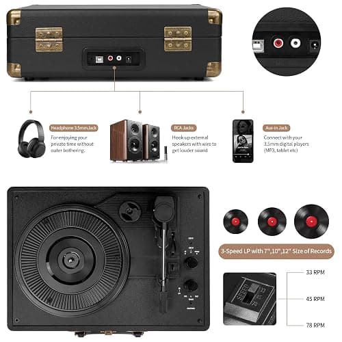 Mersoco Lecteur de disques vinyles Bluetooth 3 Vitesses Portable Classique, Sortie numérique USB, Vinyle numérique vers MP3, Haut-parleurs intégrés, RCA Line Out AUX sur Prise Casque Classique, Noir thumbnail 3