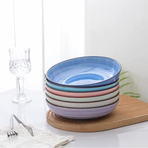 Selamica Porcelain 26 Ounce Salad Pasta Bowls, 8 inch Wide and Shallow Serving bowls, Microwave & Dishwasher Safe, Sturdy & Stackable, Set of 6, Gradient Color thumbnail 7