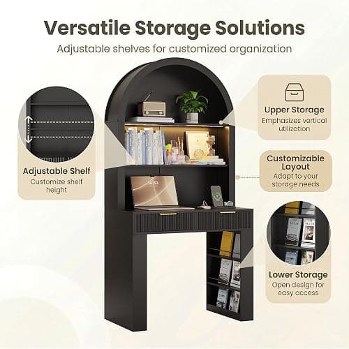 ZKIODV Arched Writing Desk with Hutch, Home Office Desk with 2 Drawers, Secretary Desk with Outlets, 3 Color LED Lights, Open Shelves, Computer Desk for Small Space, Bedroom 35.4" W x 70.8" H (Black) thumbnail 3