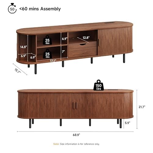 ONBRILL 69" TV Stand with Power Outlet for TVs up to 80", Entertainment Center with Storage and Drawer, TV Console with Adjustable Shelves and Sliding Door, TV Stand for Living Room, Bedroom, Walnut thumbnail 2