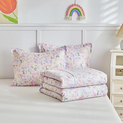 Joyreap 3pcs Floral Cotton Comforter Set for Girls, Pink Purple Flowers on Light Khaki Design, Twin Size Soft n Cozy Bedding Comforter Set for All Season- 68x88 inches thumbnail 6