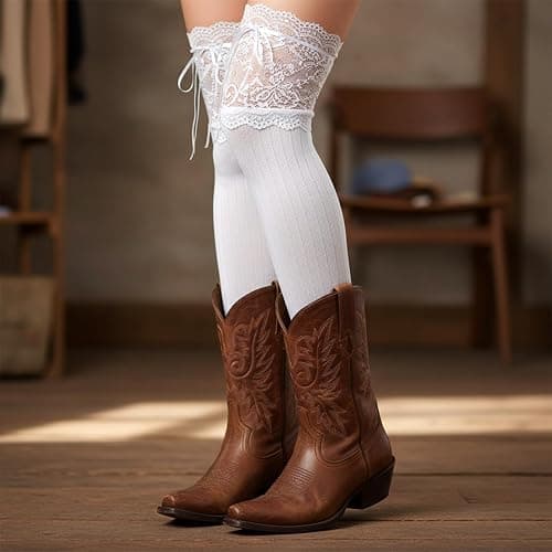 Zelphvt White Knee High Stockings, Lolita Socks with Bow Kawaii Ruffle Cute Lace Knee High Socks for Women Dating Dance thumbnail 5