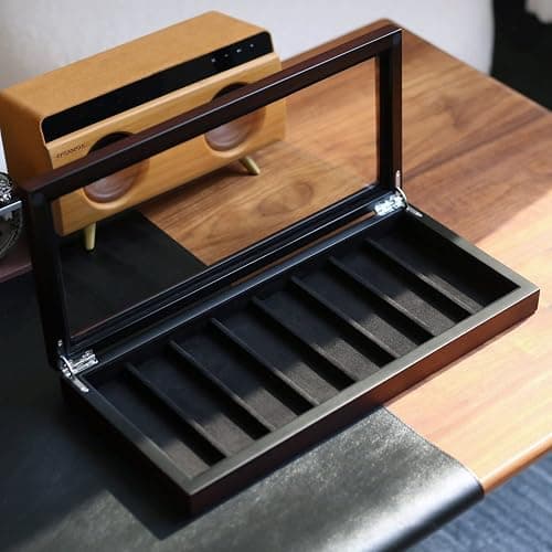 Besforu Knife Display Case Organizer storage 8 pocket knives, Folding Knife Holder with Real Glass Window Top， Pocket knife collection box for men gift (Ebony Veneer 8 slot) thumbnail 2