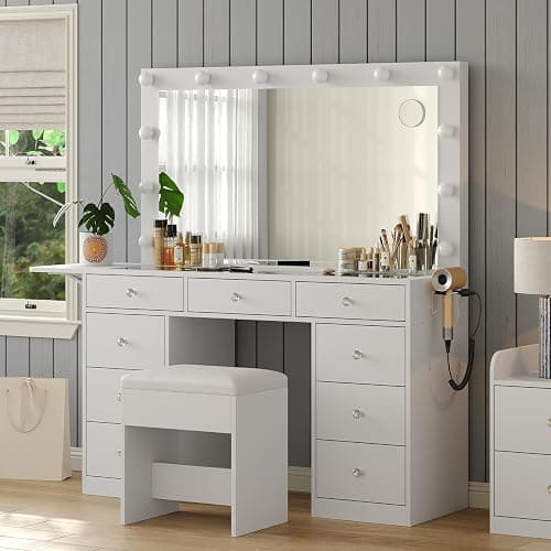 FUSOU Vanity Desk with Power Outlet, 9 Drawers Makeup Vanity with Mirror and 12 LED Lights, 3 Lighting Modes, Glass Top Vanity Set, Fold-up Panel, Dressing Table for Bedroom thumbnail 3