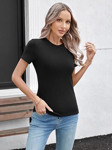 SANDERY Womens Round Neck Long/Short Sleeve Shirts Ribbed Casual Slim Fitted Tops Blouses thumbnail 2