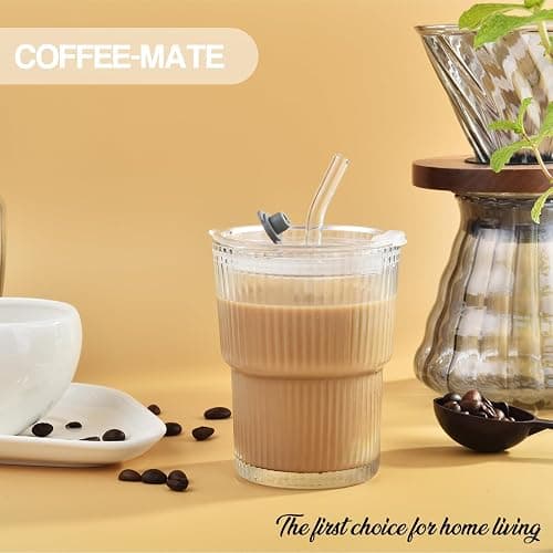 Haundry 14 oz Ribbed Glass cups with Lids and Straws, 2 Pack Iced Coffee Cups, Thickened Glassware Set, Ripple Design Glass Cups for Coffee, Soda, Smoothies, Cocktails and Juice thumbnail 2