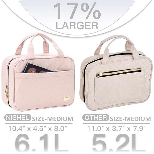 NISHEL Travel Toiletry Bag for women, Portable Hanging makeup Organizer | for Travel-Sized Shampoo, Conditioner, Brushes Set, makeup Accessories, Medium Size, Pink thumbnail 3