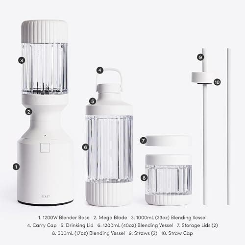 Beast Mega 1200 Plus | Premium Countertop Blender | Smoothies, Shakes, Sauces, Dips, Soups | Blends Ice and Frozen Fruit | XL Vessel | With Extra Vessels, Straw System | 1200W | (Cloud White, 120V) thumbnail 8