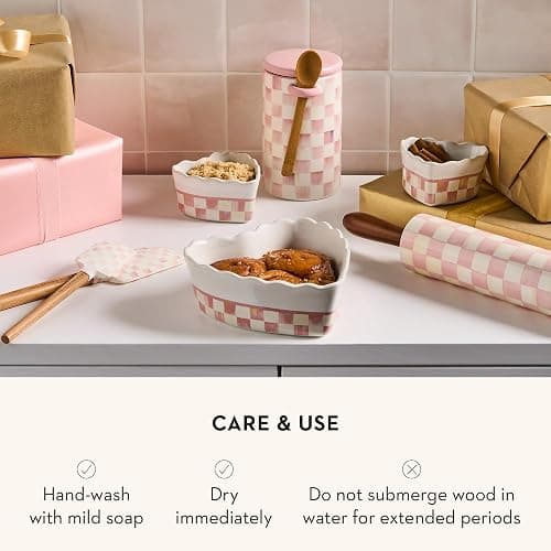 MACKENZIE-CHILDS Rolling Pin, Ceramic Decorative Roller Pin for Baking, Pink-and-White Rosy Check thumbnail 5