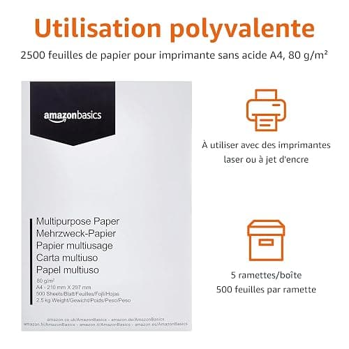 Amazon Basics Papier multi-usage A4 80g, carton de 5 ramettes de 500 feuilles thumbnail 3