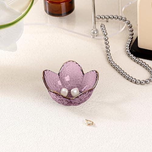 Purple Flower Jewelry Dish Glass Ring Holder Dish Jewelry Tray Cute Vanity Organizer Aesthetic Nightstand Bathroom Room Decor Trinket Dish Mothers Day Friendship Christmas Birthday Gifts for Women thumbnail 8
