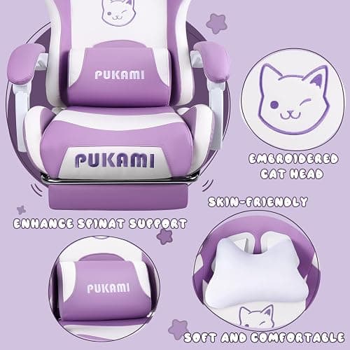 PUKAMI Gaming Chair Cute with Cat Ears,Ergonomic Computer Chair for Girl with Footrest and Headrest,Comfortable Reclining PC Game Chair for Adult,Teen (Purple) - Purple thumbnail 5