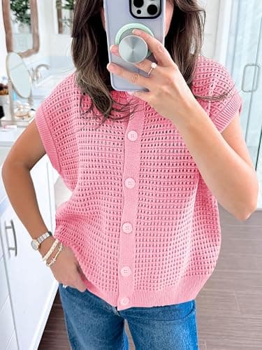 Saodimallsu Womens Short Cap Sleeve Sweater Vest Crochet Button Down Cardigans Crew Neck Summer Knit Tops thumbnail 5