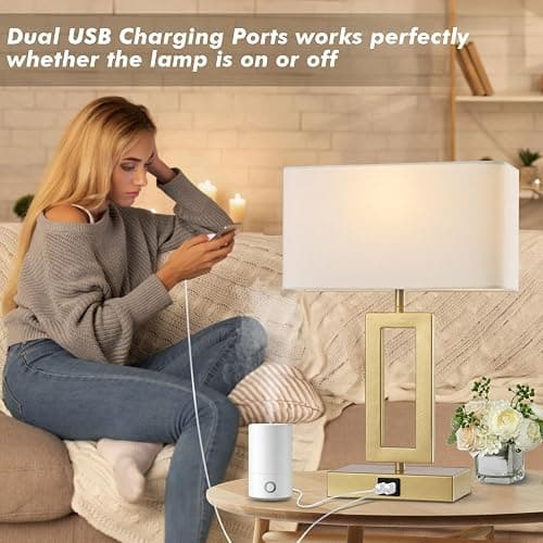 gernehop Gold Table Lamps Set of 2 with Dual USB Ports,3-Way Dimmable Touch Control Bedside Lamps,Modern Bedroom Table Lamp for Living Room,Nightstand LED Bulbs Included thumbnail 3