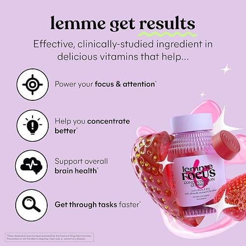 Lemme Focus Concentration & Brain Health Gummies with Cognizin Citicoline, Lion's Mane Mushroom, Vitamin B12 to Support Focus + Concentration - Gluten Free, Caffeine Free, Strawberry (50 Count) thumbnail 2