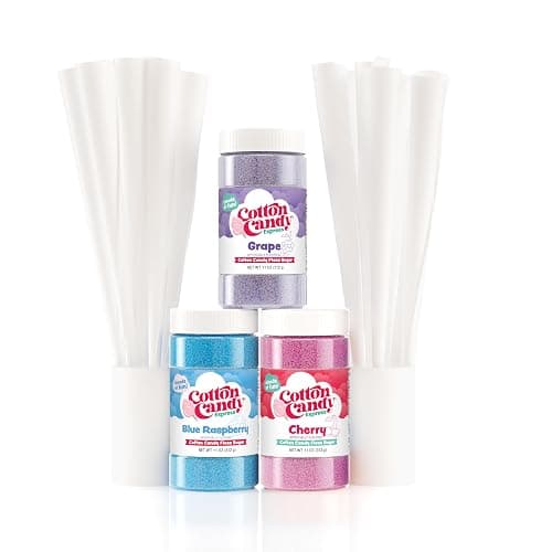 Cotton Candy Express Floss Sugar Variety Pack with 3 - 11oz Plastic Jars of Cherry, Blue Raspberry & Grape Flossing Sugars Plus 50 Paper Cotton Candy Cones - Image 1