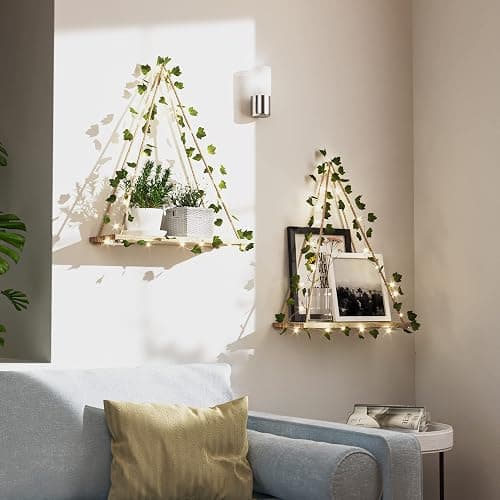RICHER HOUSE Artificial Ivy LED-Strip Wall Hanging Shelves Set of 2, Macrame Shelf for Bedroom Living Room Kitchen, Wood Hanging Plant Shelves for Wall Décor, Thanksgiving & Christmas Decorations thumbnail 3