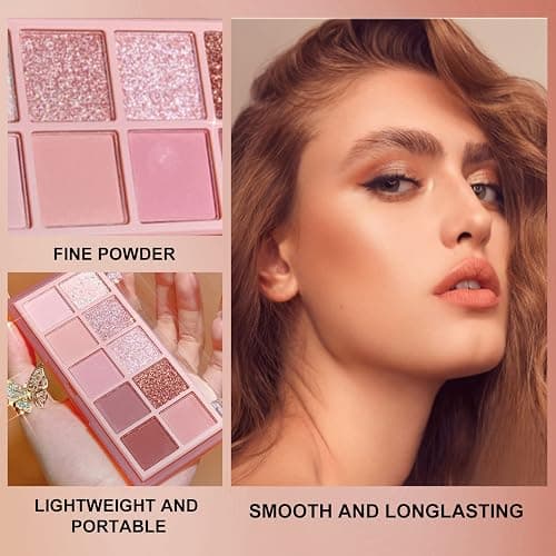 Erinde 10 Colors Eyeshadow Palette Makeup - Matte Shimmer Glitter Eye Shadow, Natural-Looking Korean Eye Makeup, Ultra-Blendable, High Pigmented, Pink Eyeshadow Palette with Brush, Rose Pink thumbnail 3