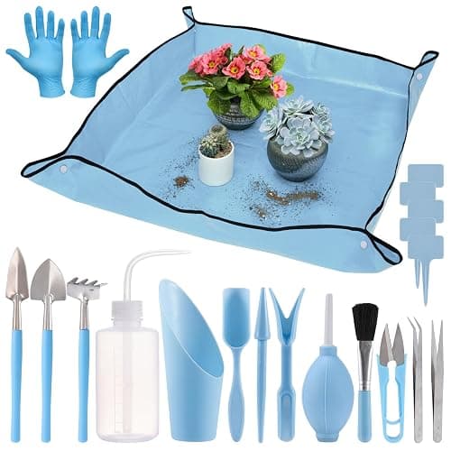 20 pcs Succulent Tool Set - 39.4" Indoor Plant Repotting Mat and 19 Pcs Mini Succulent Hand Tools, Garden Flower Plants Transplanting Supplies for Women Holiday Gardening Gifts Outdoor, Blue - Image 1